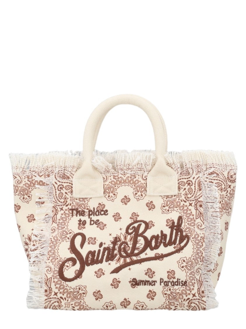 Mc2 Saint Barth Medium Canvas Tote Bag With Paisley Patterns And Fringed Edges