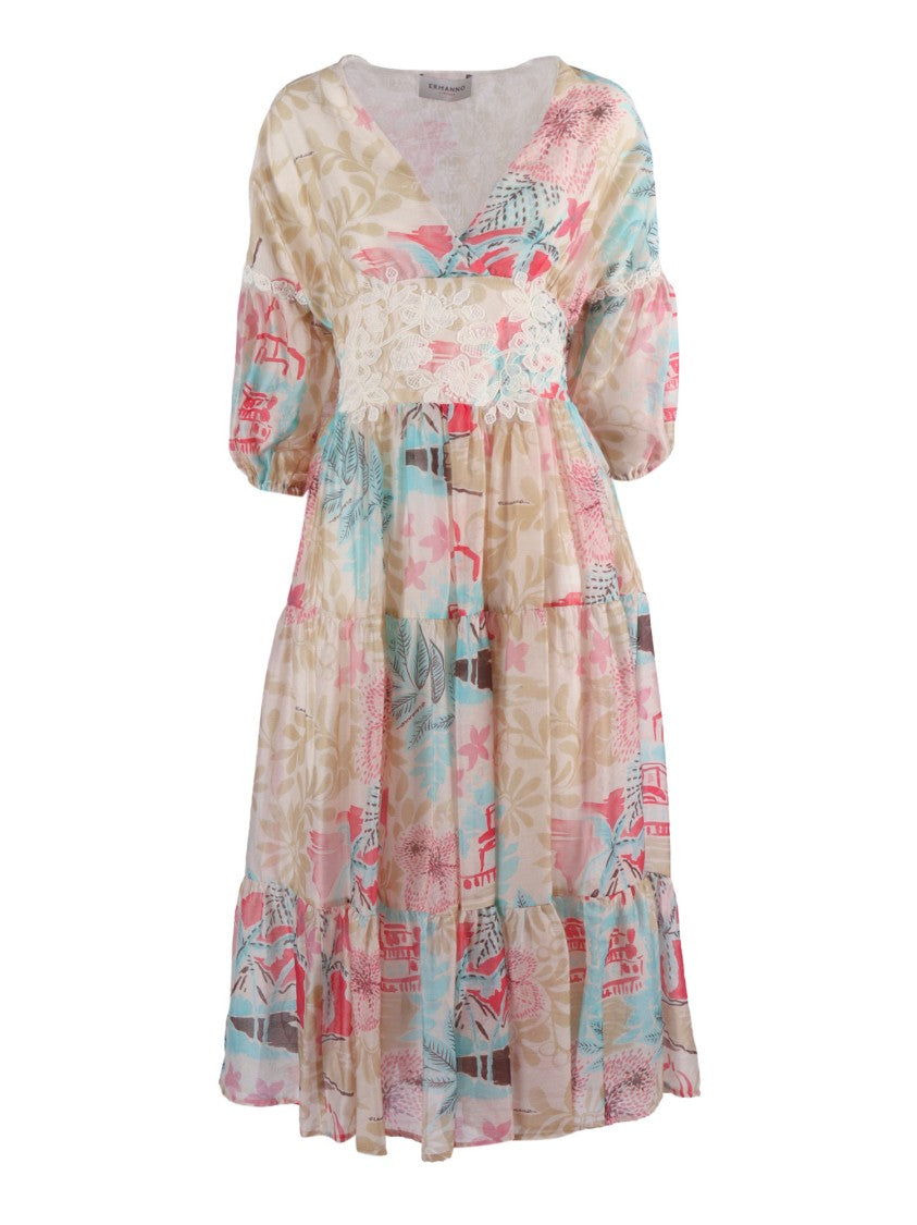 Ermanno Scervino Puffed Sleeve Floral Midi Dress