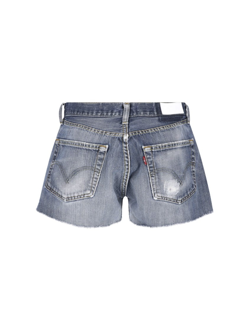 Re/Done Blue Mid-Rise Distressed Frayed Denim Shorts