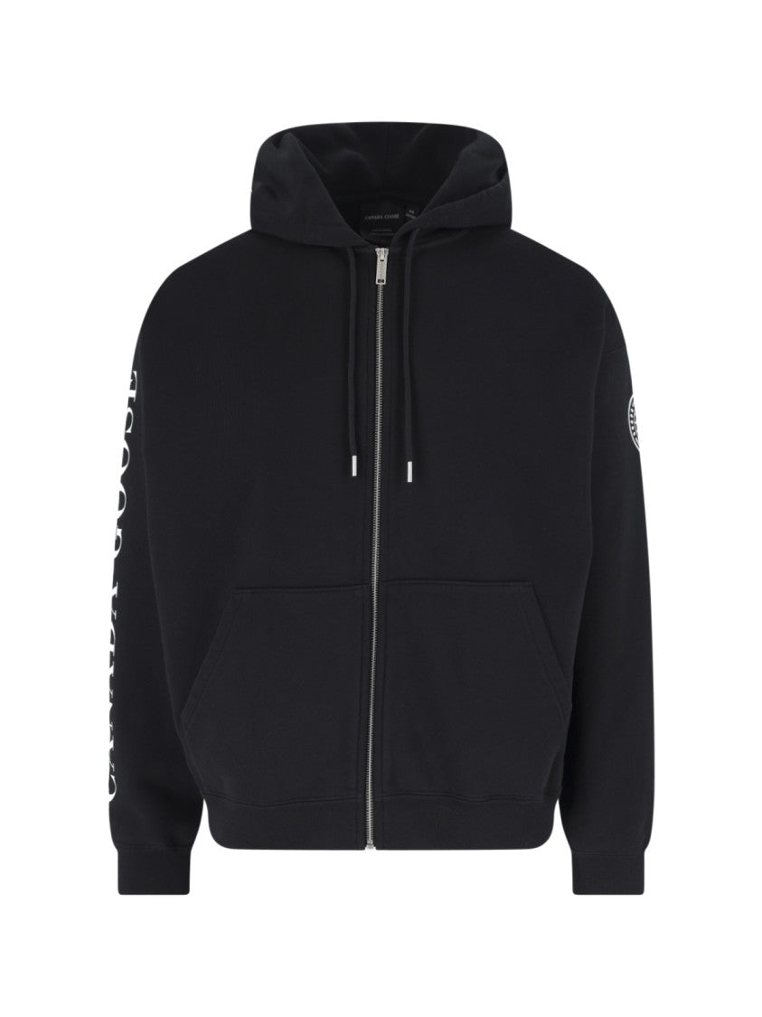 Canada Goose Black Cropped Zip-Up Cotton Logo Hoodie