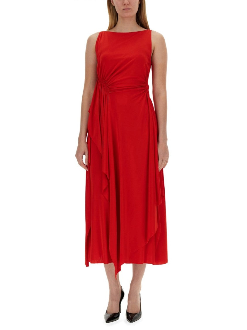 Lanvin Draped Red Midi Dress With Flattering Silhouette