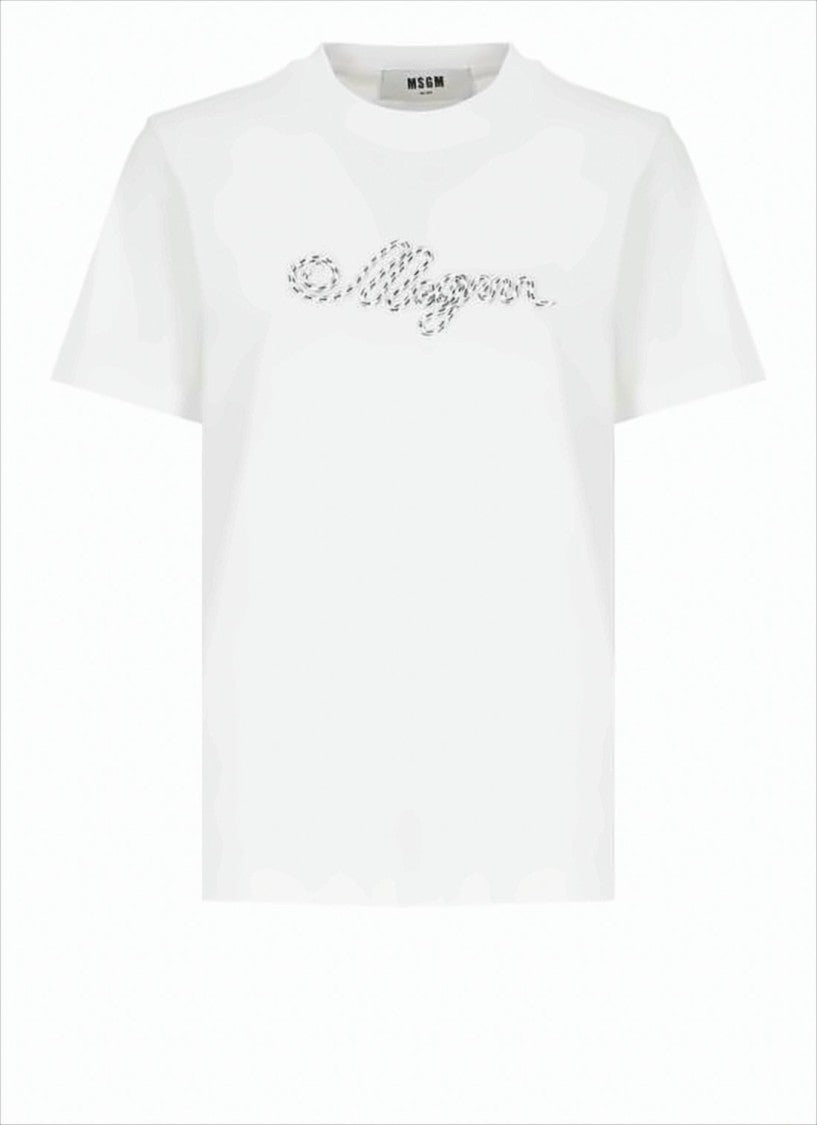 Msgm Relaxed-Fit White Cotton T-Shirt With Embroidered Logo