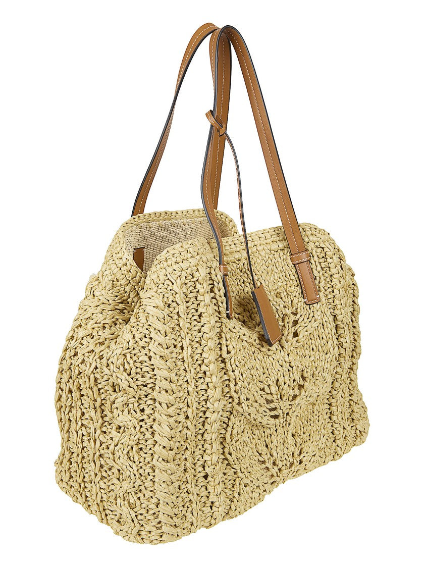 Ermanno Scervino Handmade Woven Raffia Shopper Bag With Leather Handles