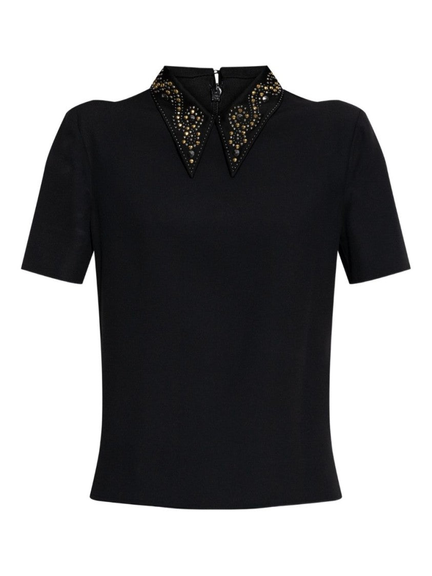 Versace Pointed Collar Black Shirt With Gold And Silver Embellishments