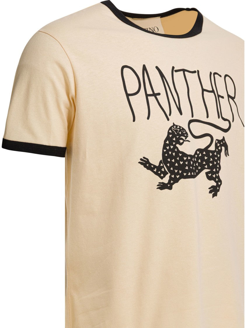 Valentino Beige Panther Graphic Print T-Shirt With Ribbed Trims