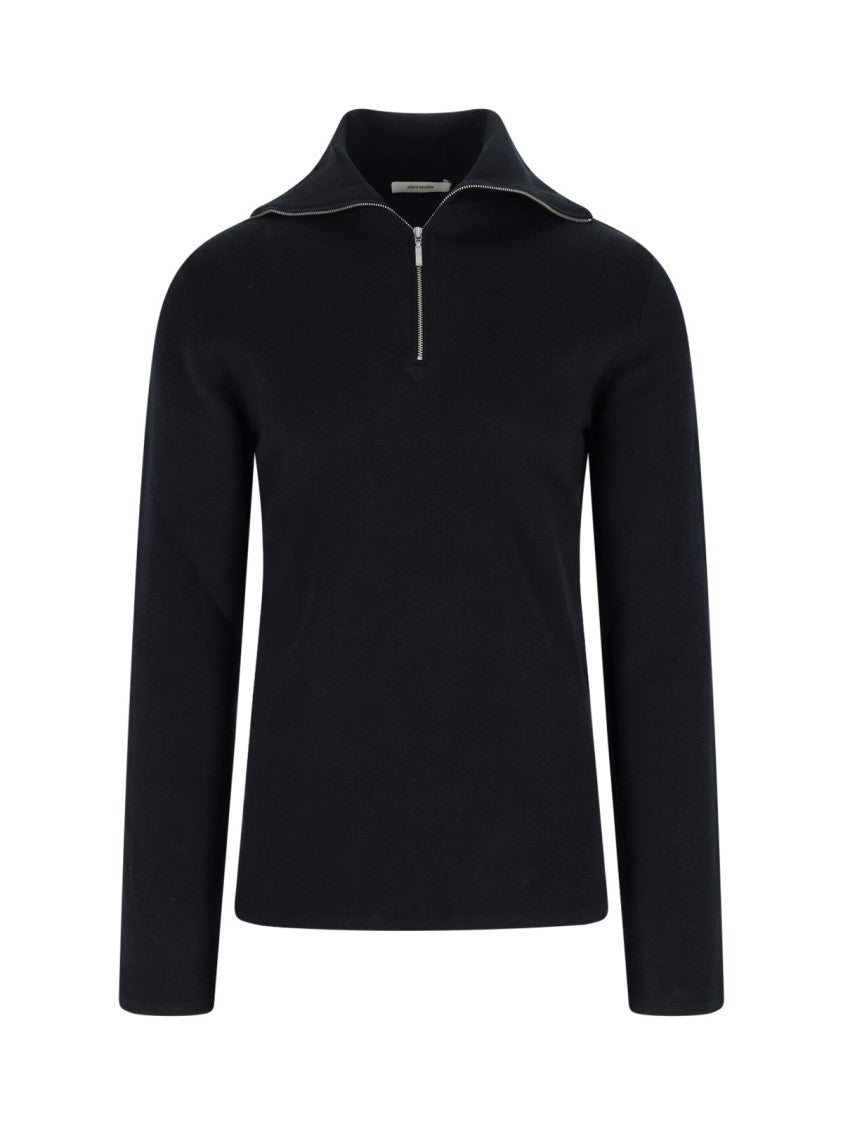 Entire Studios High-Collar Black Cotton Zip-Through Knitwear