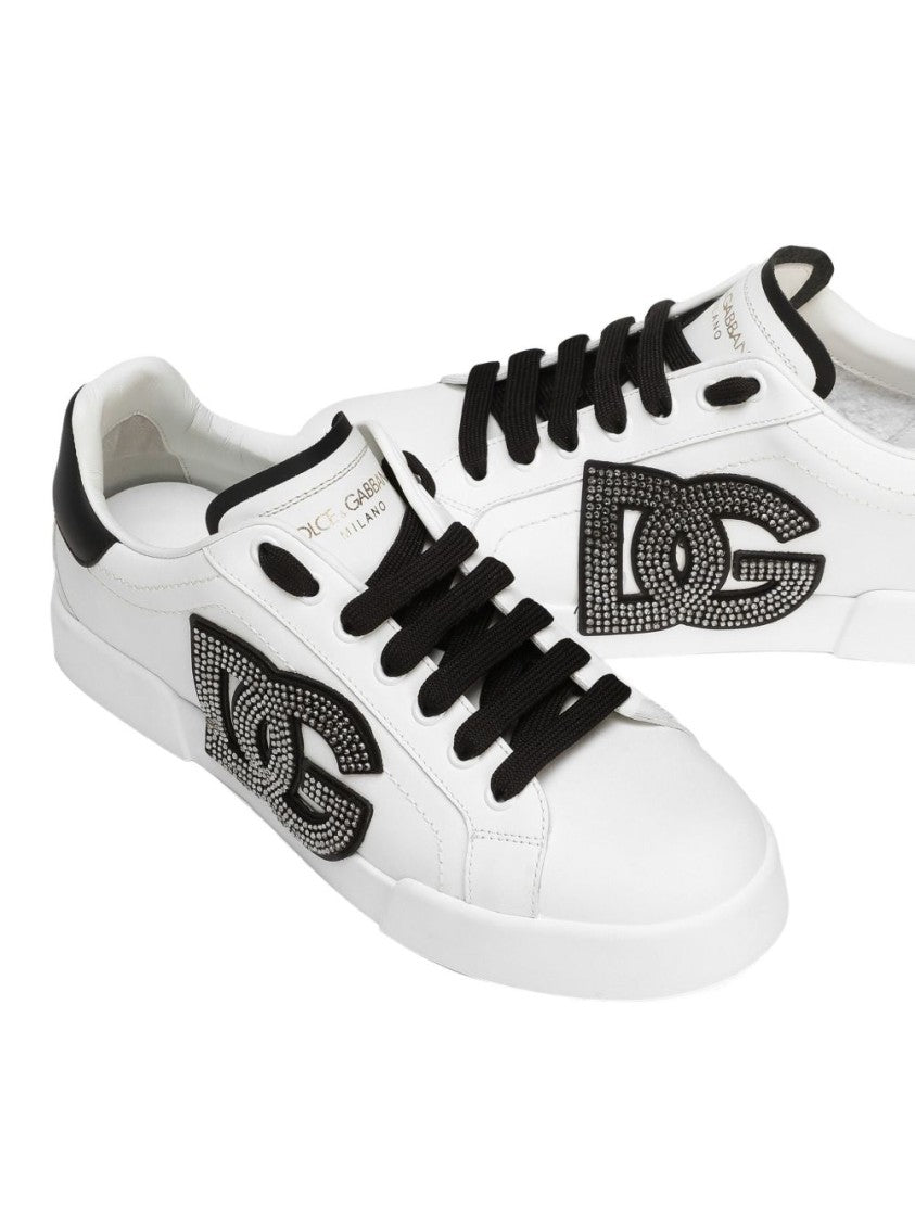 Dolce & Gabbana Low-Top Leather Sneakers With Rhinestone Logo Accents