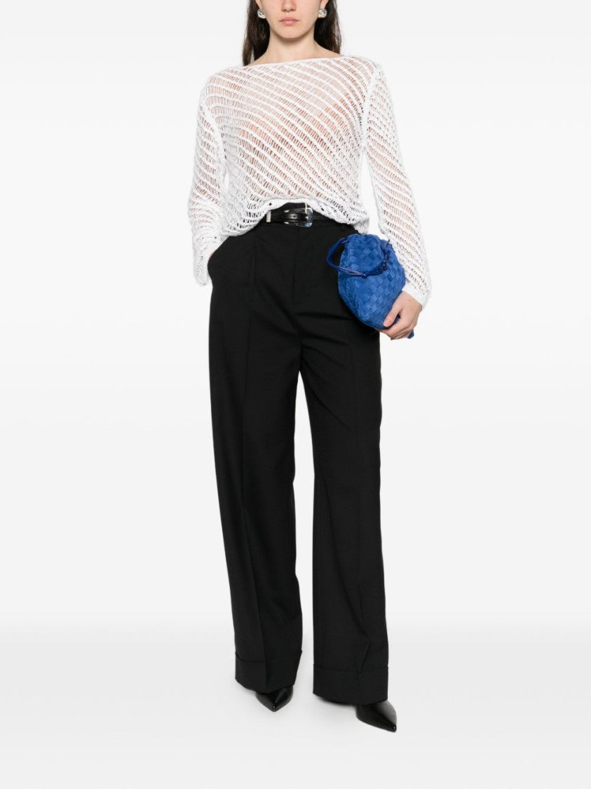 Pinko Open-Knit White Sweater With Subtle Shimmer And Diagonal Stripes