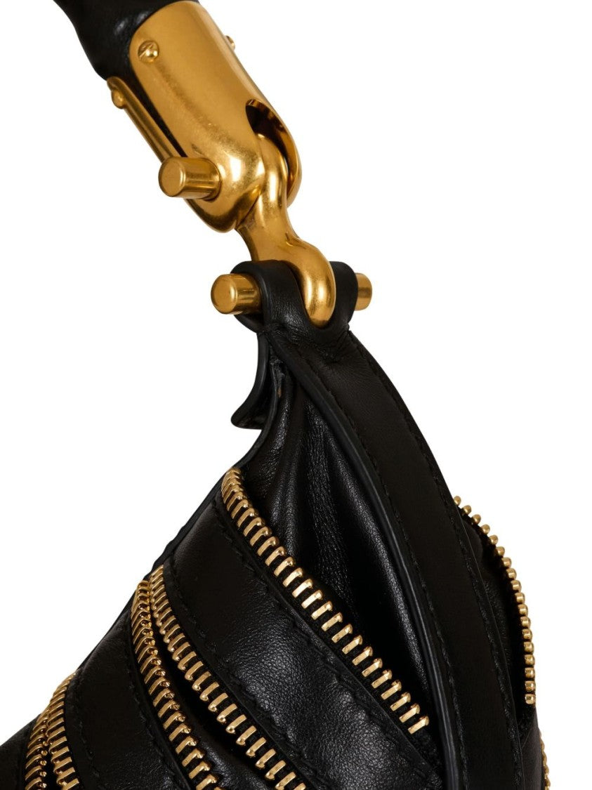 Balmain Black Curved Calfskin Leather Zip Bag