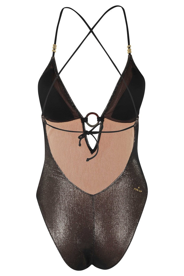 Pin-Up Black Lamé Tulle Cross-Back Ring Polyester Swimsuit