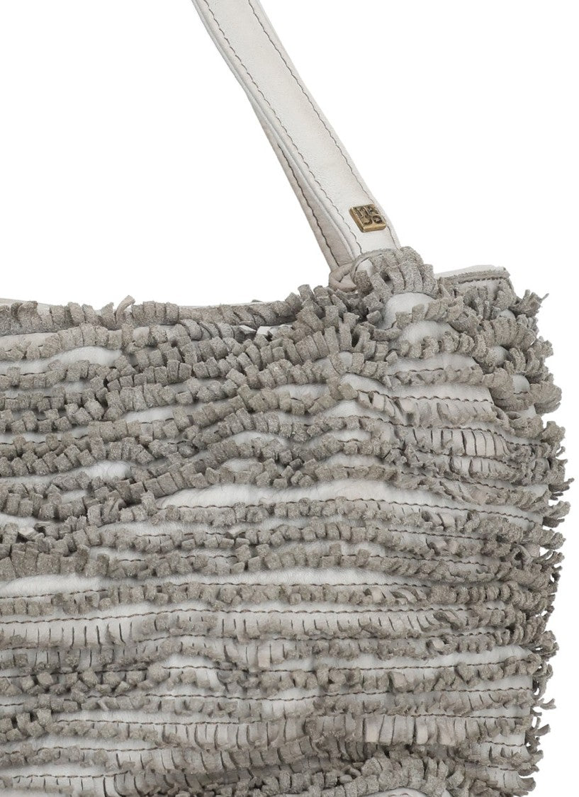Majo Textured Grey Handbag With Fringed Leather Design