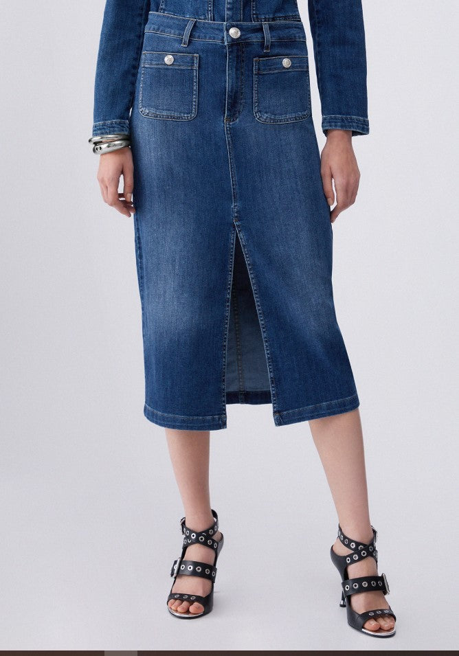 Liu Jo Stonewashed Denim Midi Skirt With Logoed Button Accents
