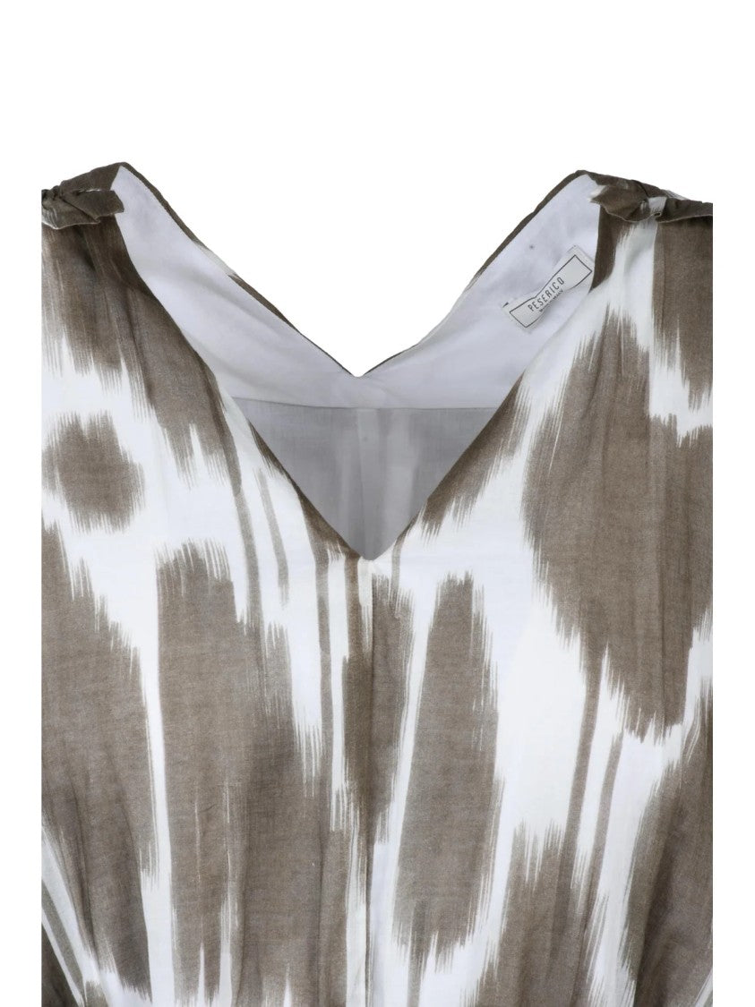 Peserico White/Dove Abstract Pattern Drawstring Cotton Maxi Dress