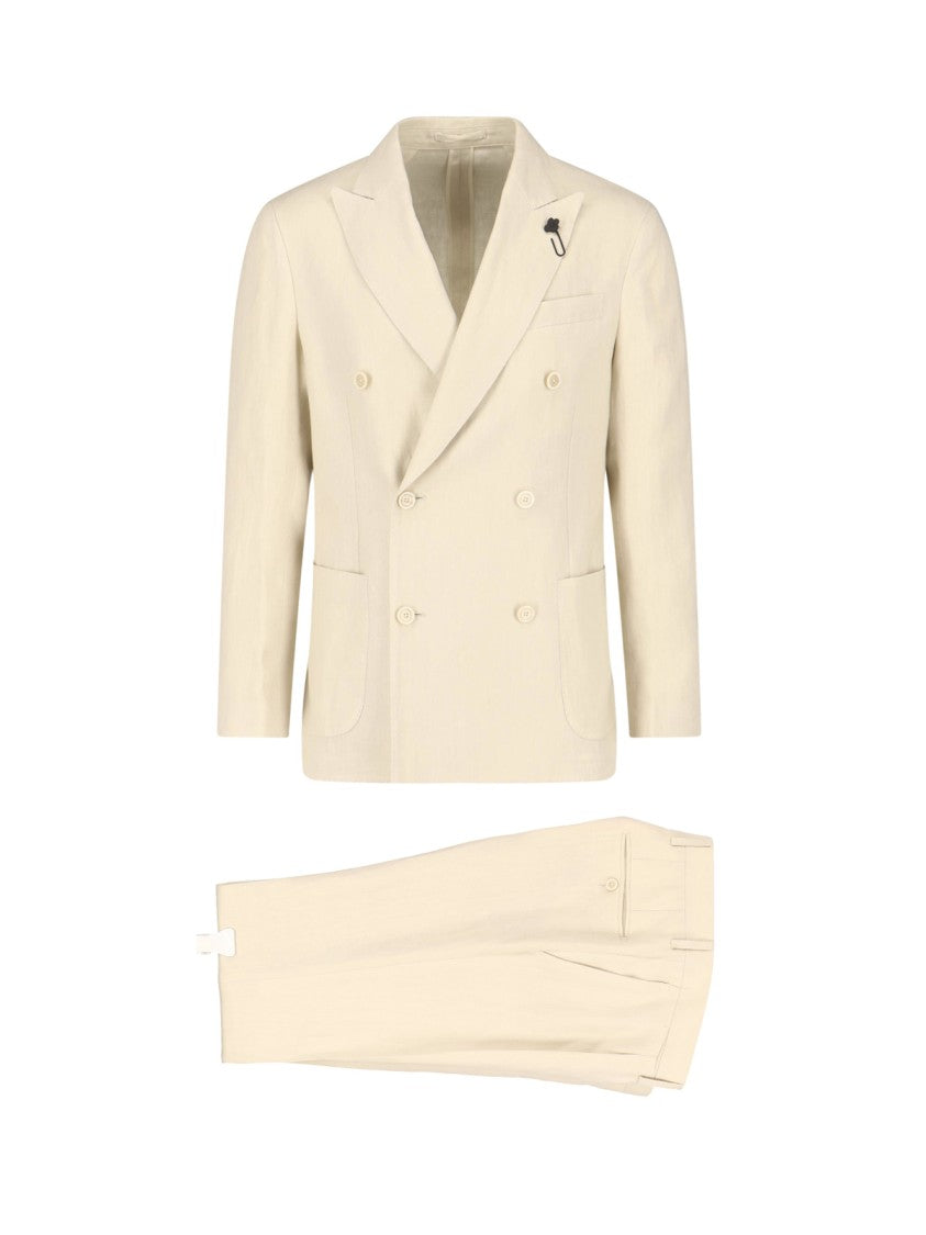 Lardini Cream Tailored Double-Breasted Linen Suit
