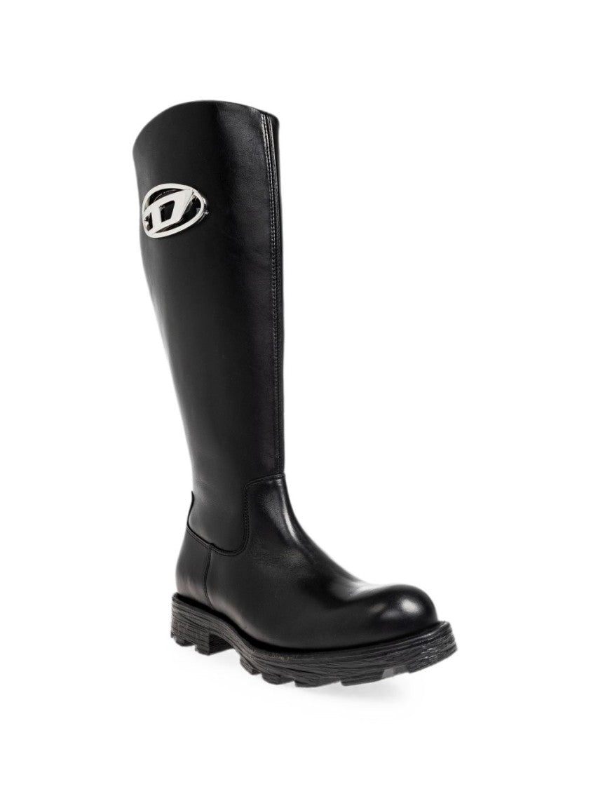 Diesel Knee-High Black Leather Boots With Metallic Accent
