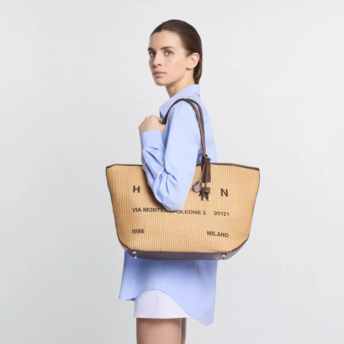 Hogan Beige Address Shopping Media Raffia Shopping Bag