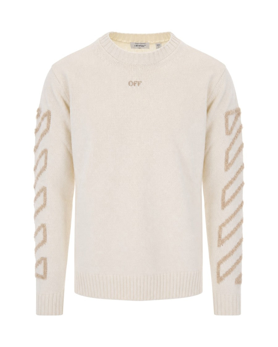 Off-White Cream Embroidered Crewneck Knit Sweater