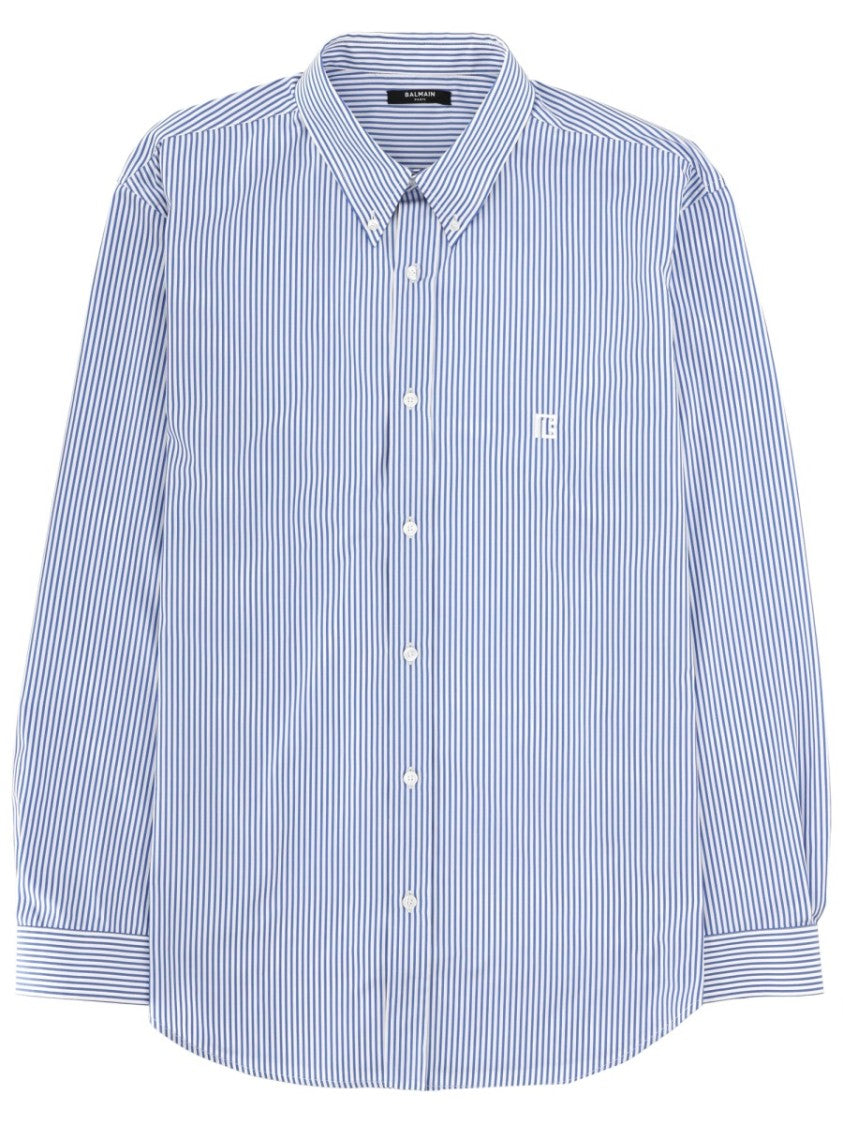 Balmain Blue Vertical Stripes Embroidered Shirt