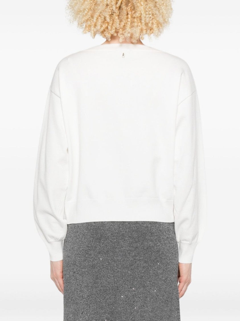 Liu Jo Relaxed Fit White Sweater With Floral Embellishments