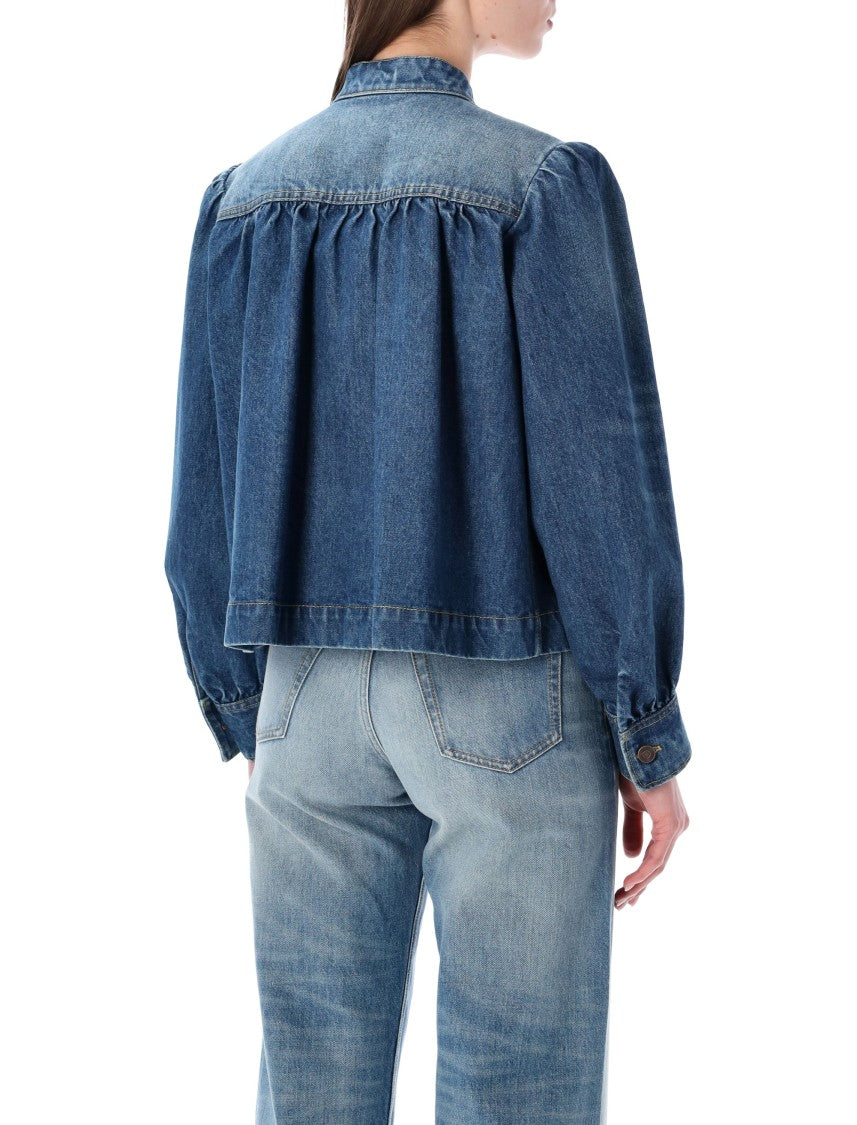 Chloé High-Neck Gathered Denim Jacket
