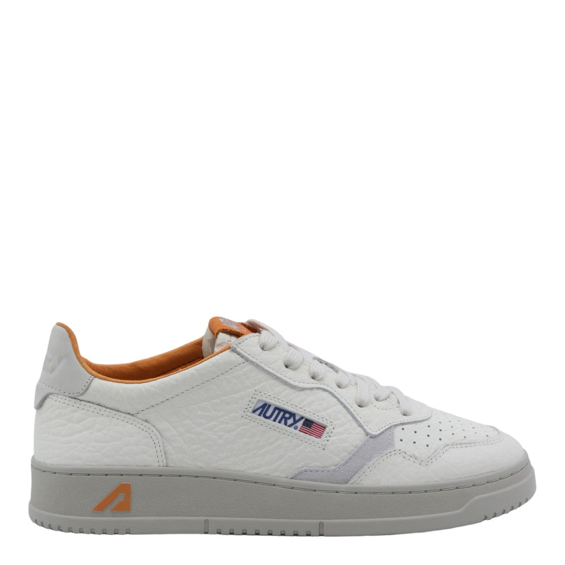 Autry Textured White Leather Sneakers With Orange Accents
