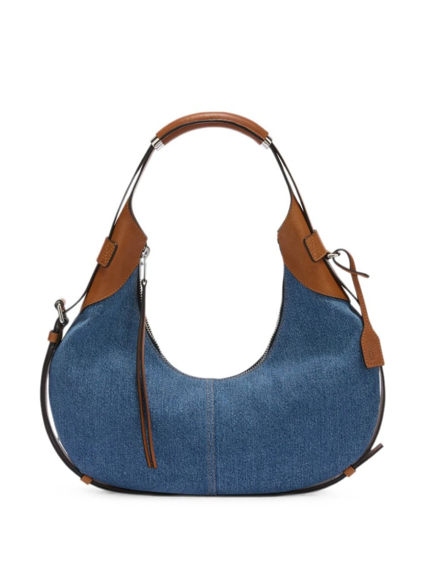 Moschino Blue Silk-Blend Leather Accent Handbag
