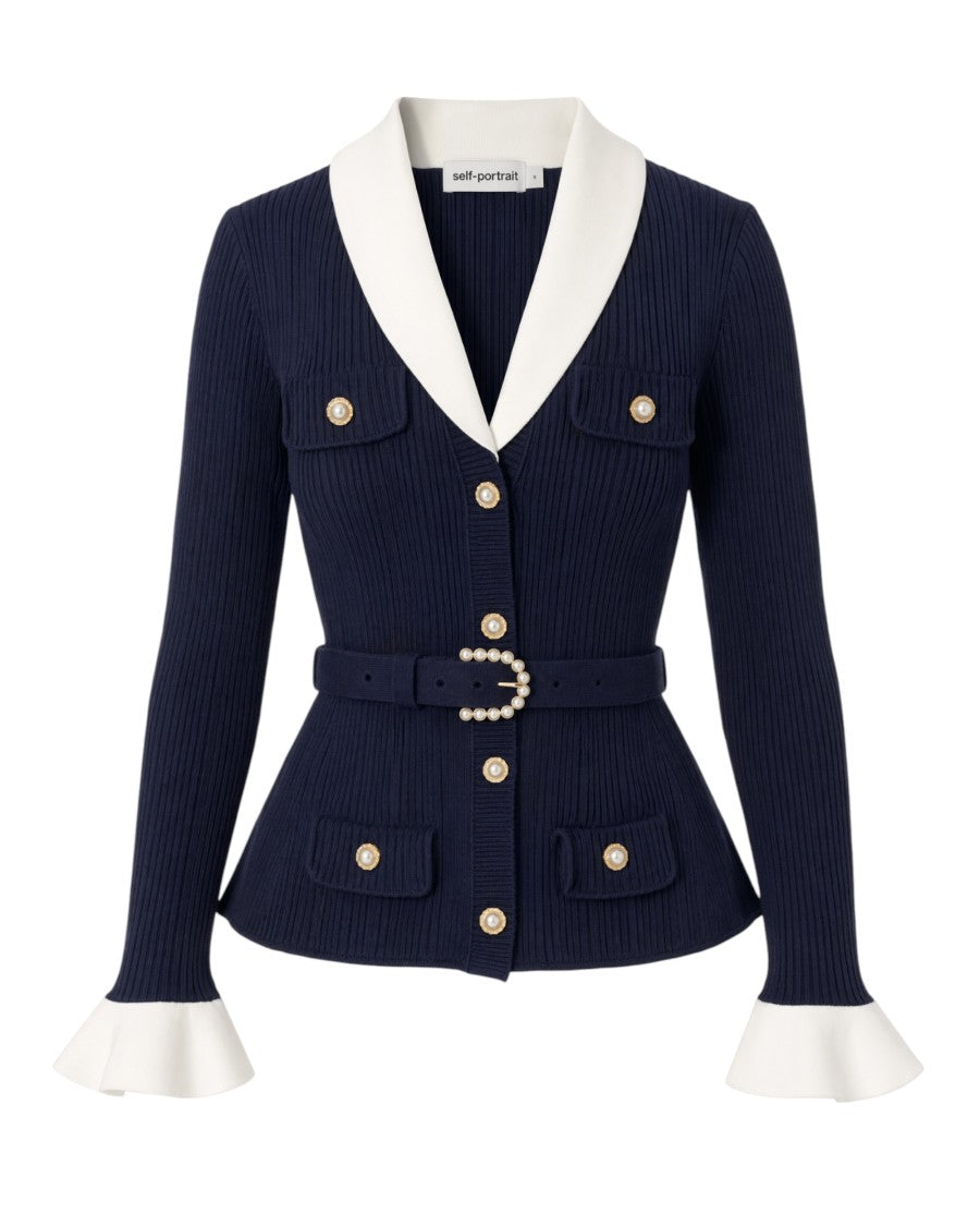 Self-Portrait Ribbed Knit Cardigan With Contrast Collar And Pearl Accents