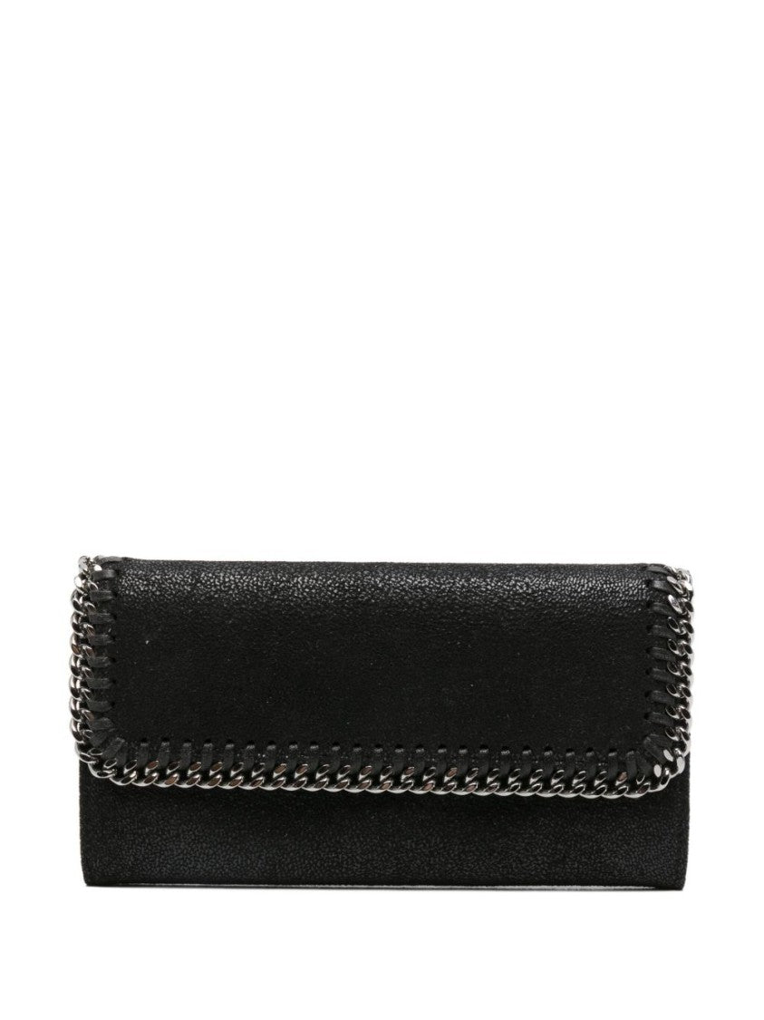 Stella Mccartney Textured Black Wallet With Silver Chain Trim