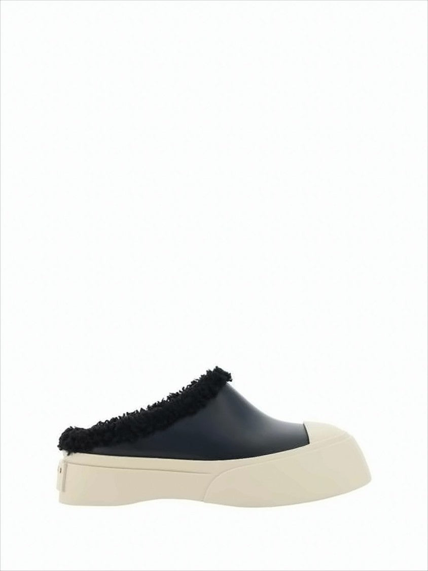 Marni Smooth Leather Mule With Textured Trim And Rubber Sole