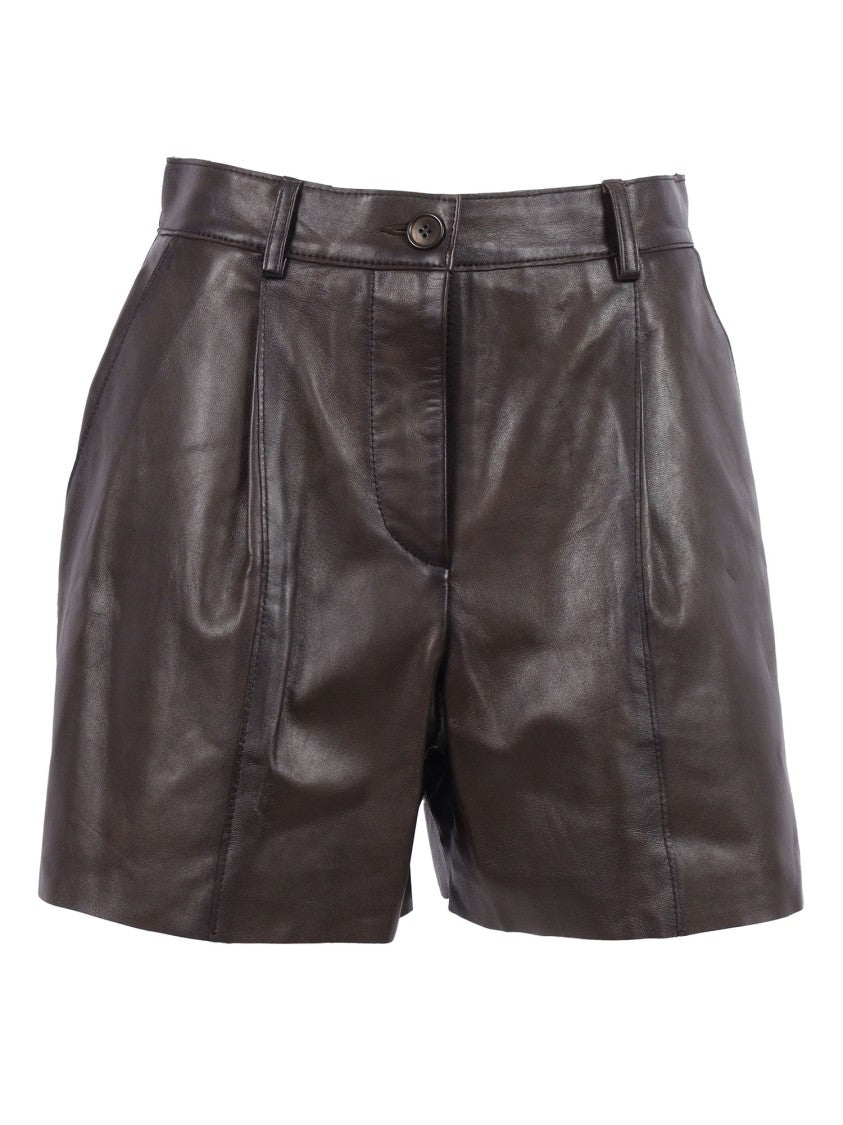 P.A.R.O.S.H. Tailored Brown Lamb Leather Bermuda Shorts With High Waist Design
