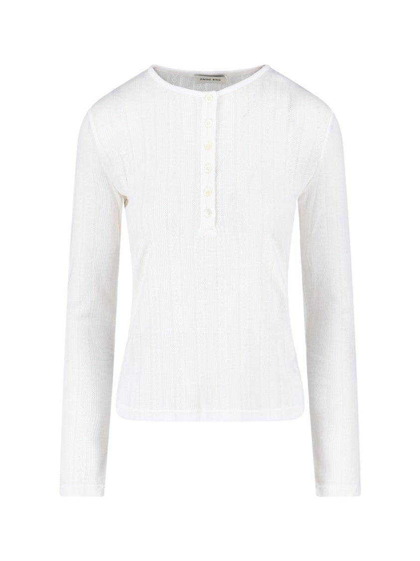 Anine Bing Textured White Long-Sleeved Top With Button Placket