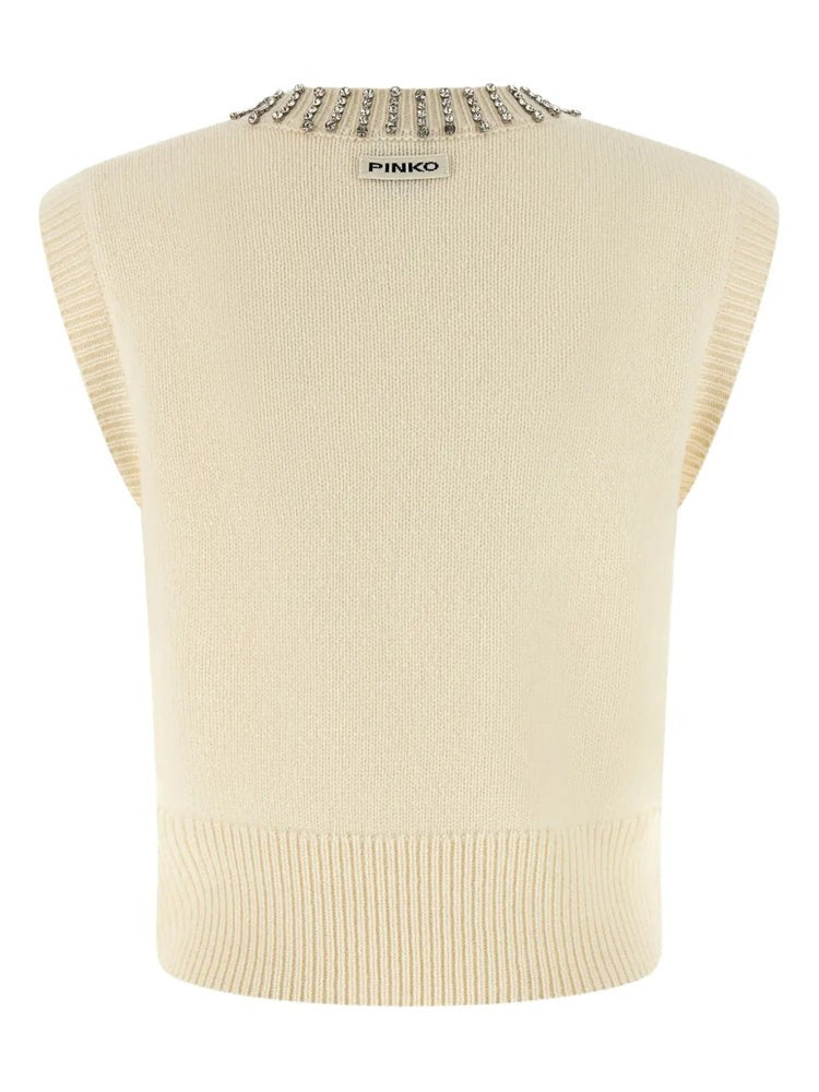 Pinko White Sleeveless V-Neck Wool-Blend Blouse