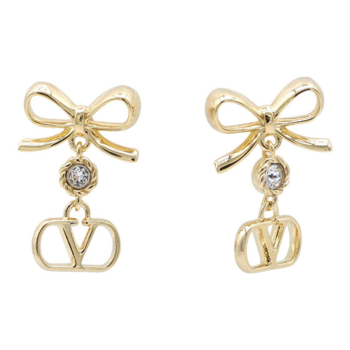 Valentino Garavani Bow-Accent Earrings With V Charm In Polished Gold-Tone