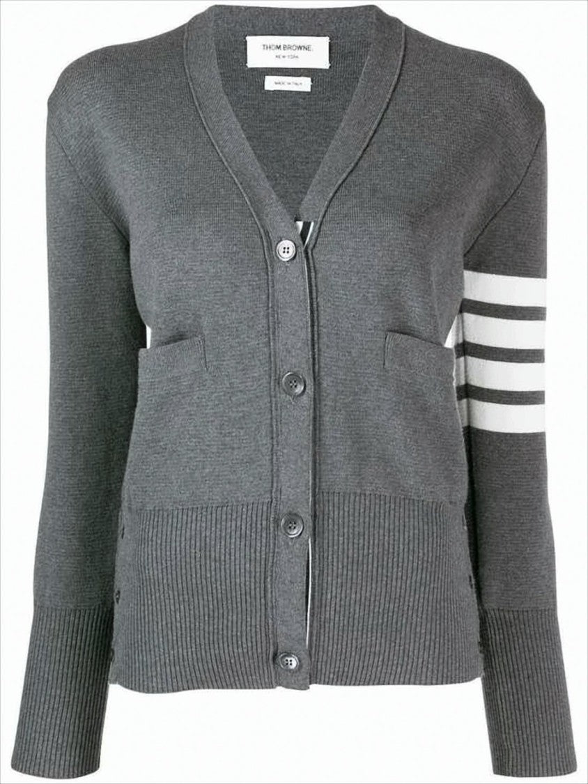 Thom Browne Classic V-Neck Grey Knitwear Cardigan With Striped Accents