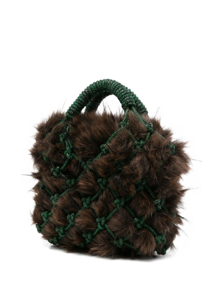 Kurt Geiger Plush Brown Clutch With Green Netted Cord Design And Gold Emblem