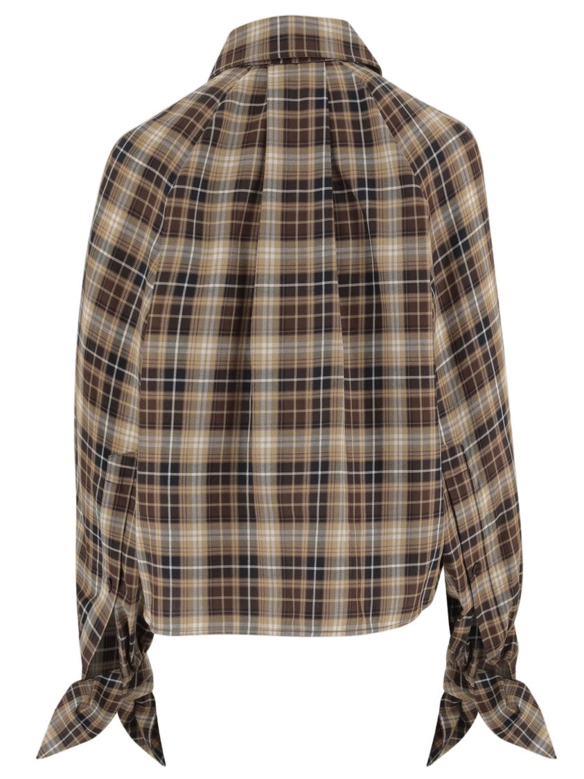 Patou Multi Checked Tied-Sleeve Cotton Blouse