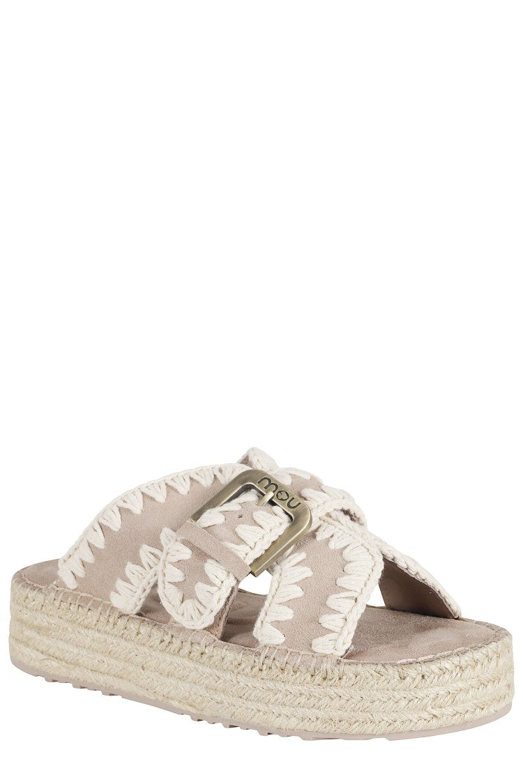Mou Beige Jute Crochet Trim Adjustable Strap Suede Sandals