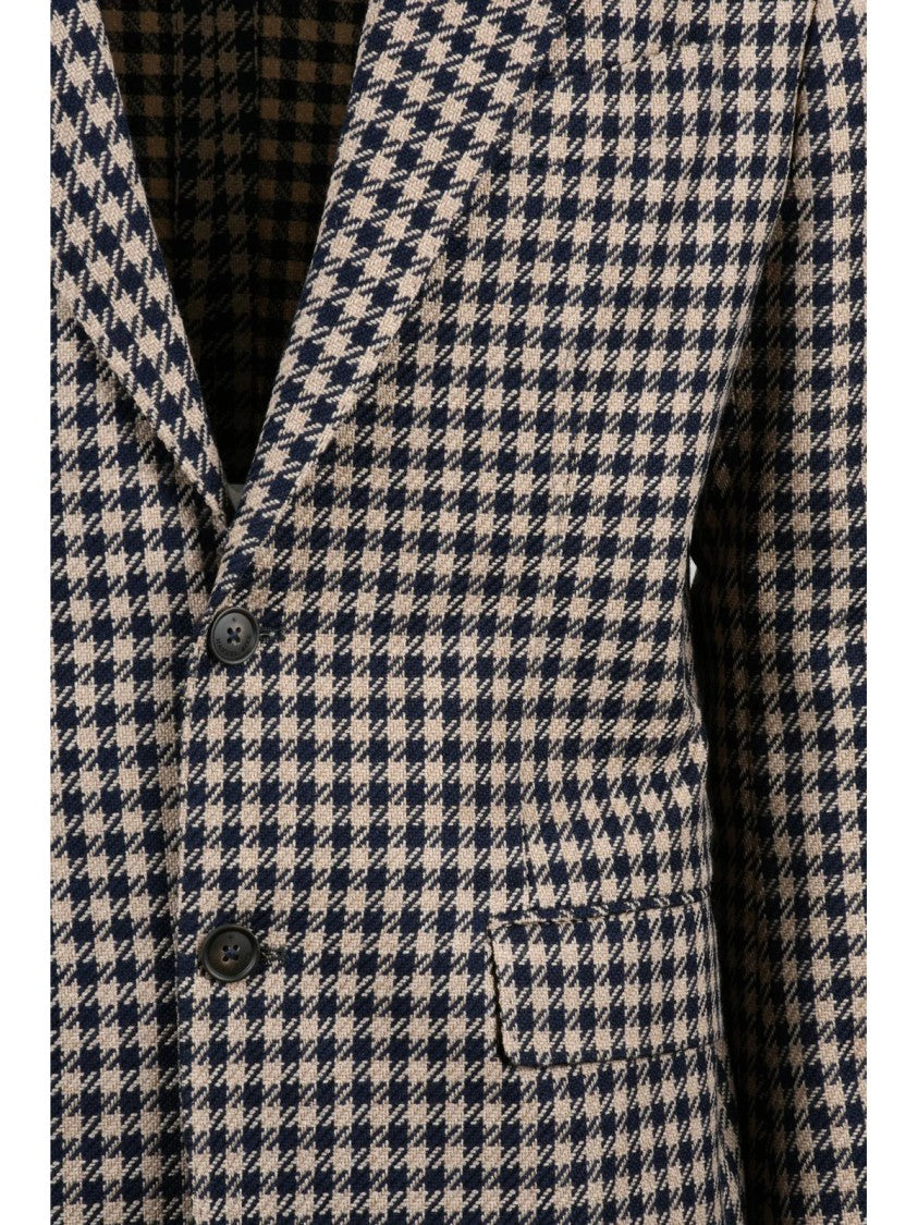 Manuel Ritz Beige/Blue Houndstooth Unlined Virgin Wool-Cotton Blazer