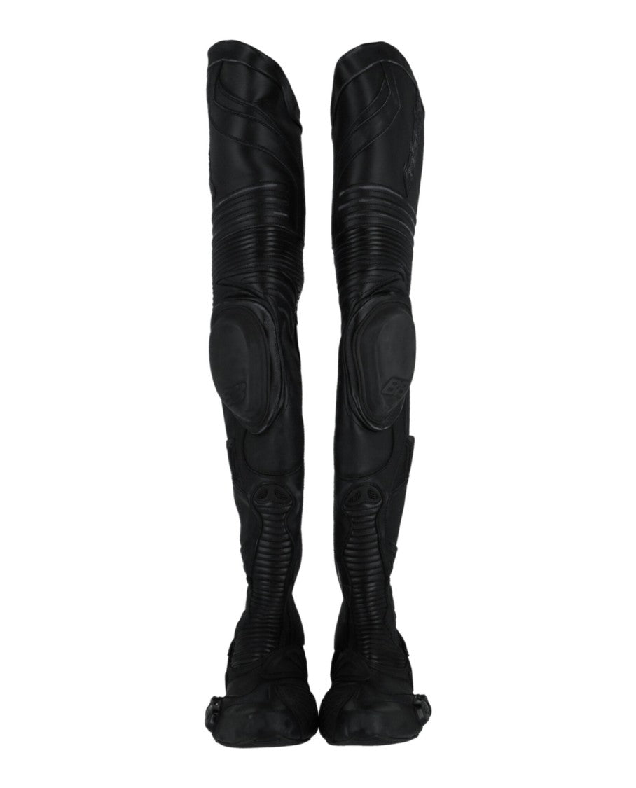 Balenciaga Layered Over-The-Knee Biker Boots With Integrated Rubber Panels