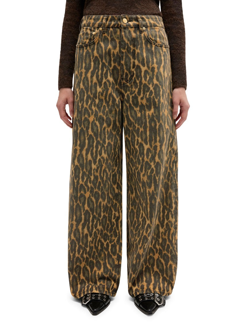 Ganni Animal Print Denim Baggy Jeans With Five-Pocket Design