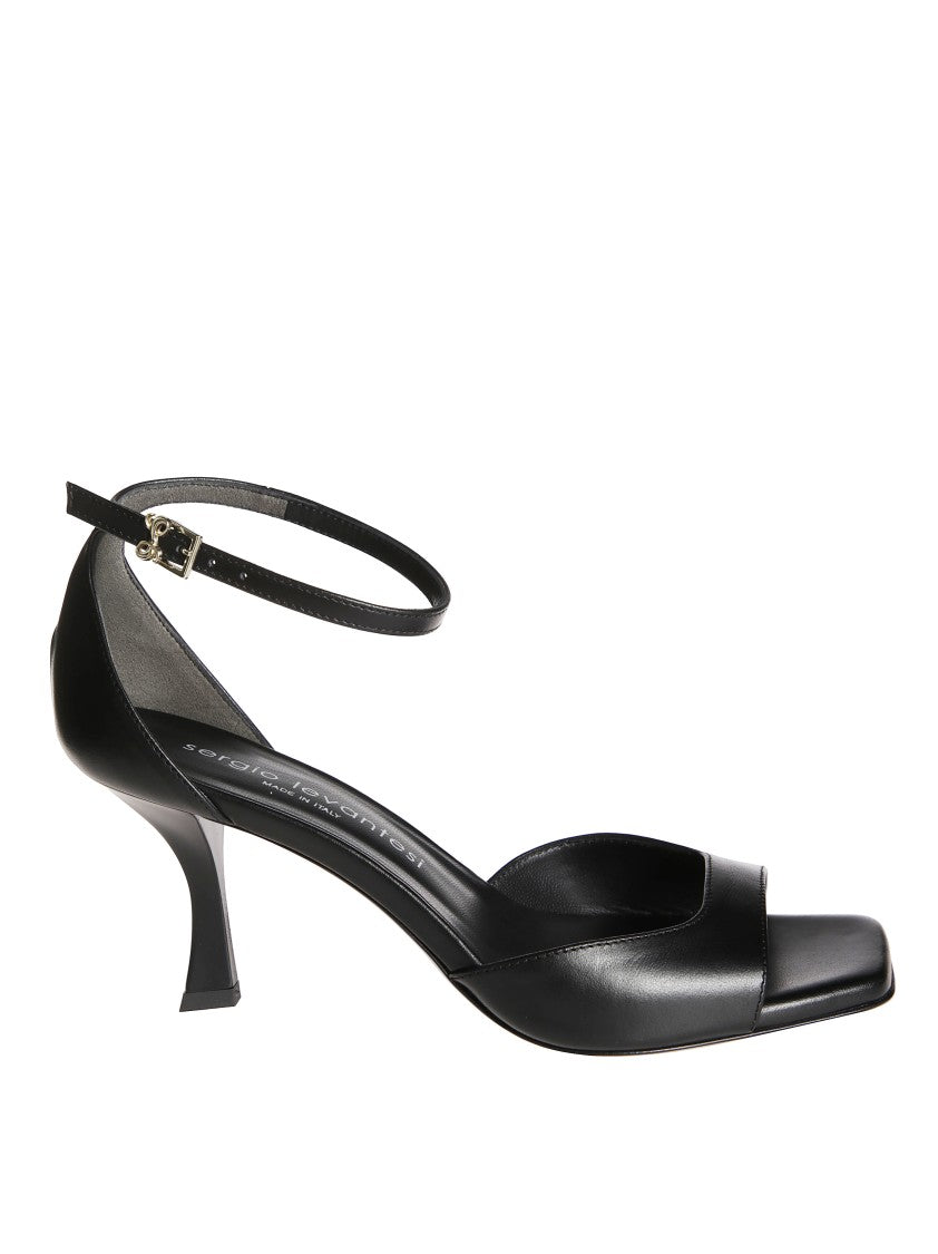 Sergio Levantesi Square-Toe Black Leather Sandals With Ankle Strap