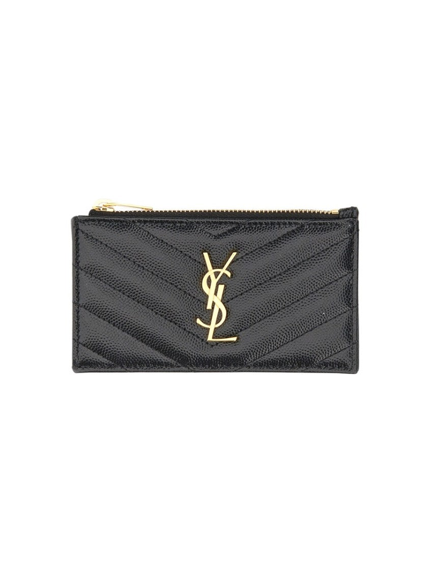 Saint Laurent Chevron-Quilted Calfskin Cardholder With Metallic Logo