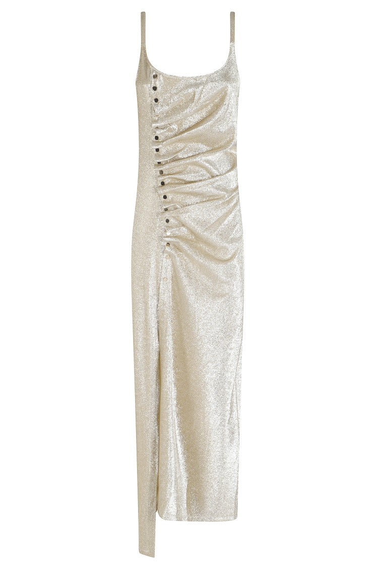 Rabanne Gold And Silver Gathered Effect Strapless Viscose Evening Dress