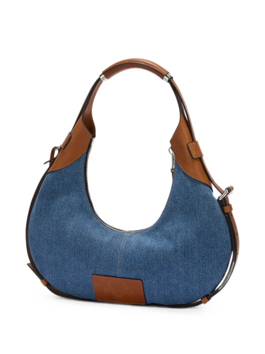 Moschino Blue Silk-Blend Leather Accent Handbag
