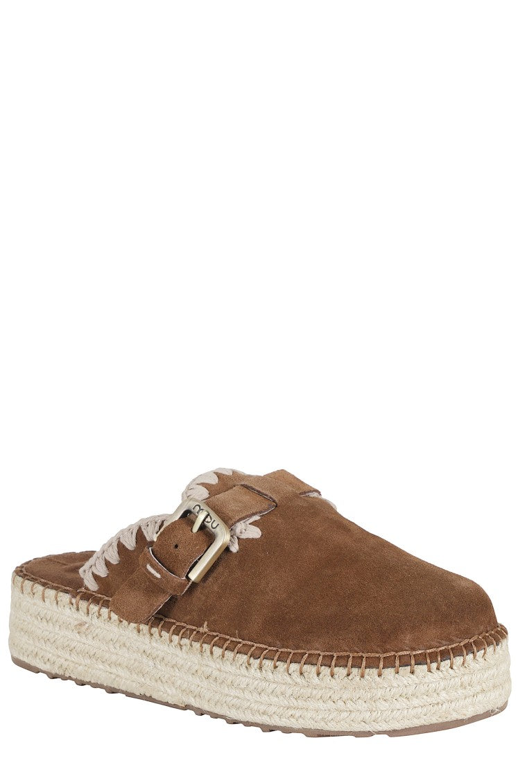 Mou Brown Jute Crochet Trim Adjustable Strap Suede Clogs