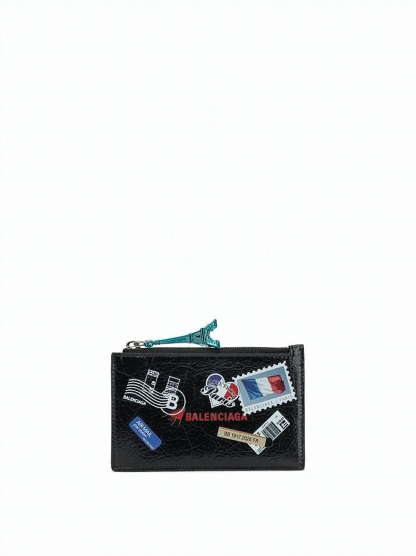 Balenciaga Textured Black Lambskin Cardholder With Travel-Themed Patches