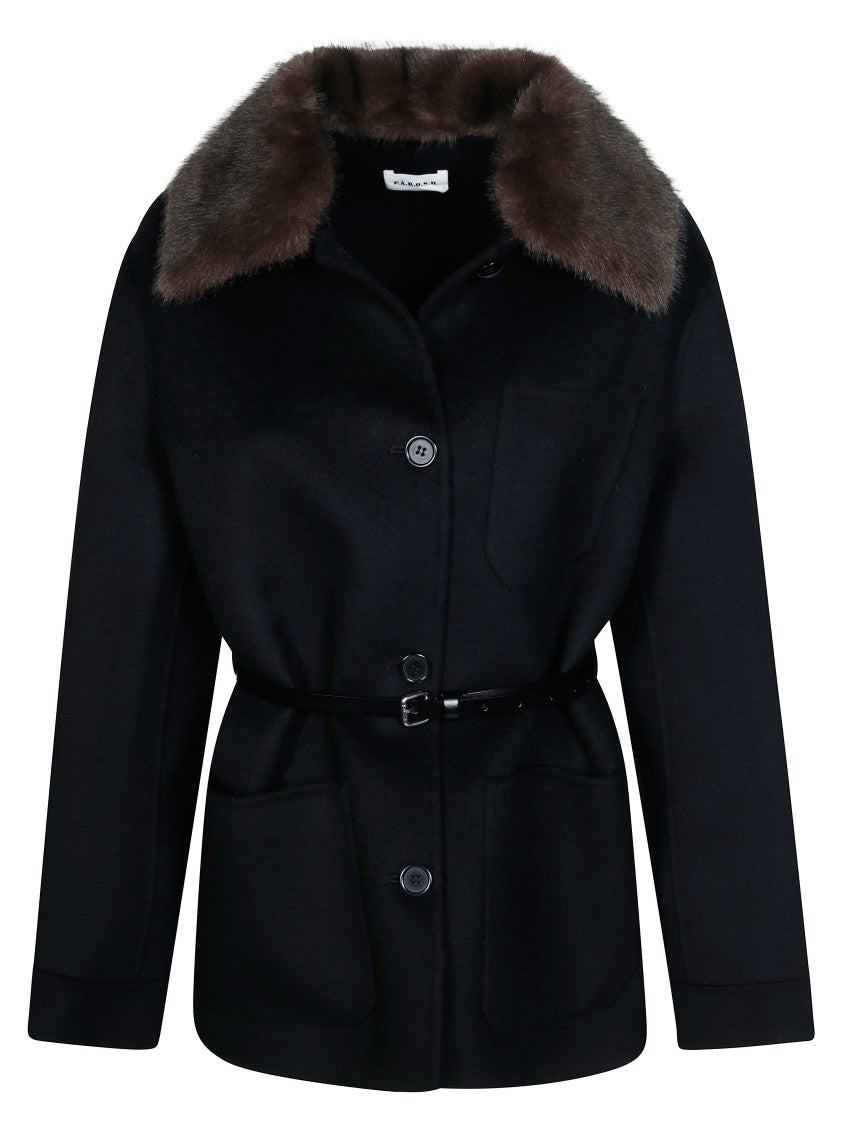 Parosh Belted Dark Fur Collar Jacket