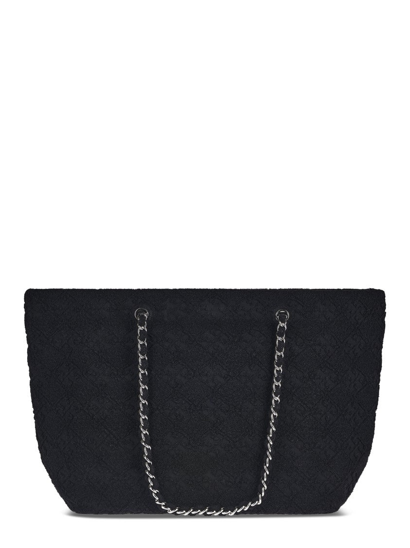 Tory Burch Textured Black Terry Chain Tote With Spacious Interior