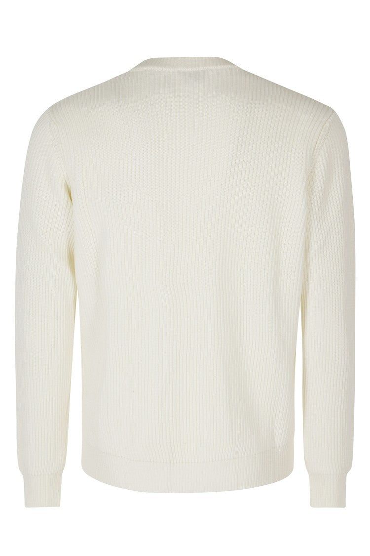 Roberto Collina White Ribbed Crew-Neck Merino Wool Sweater