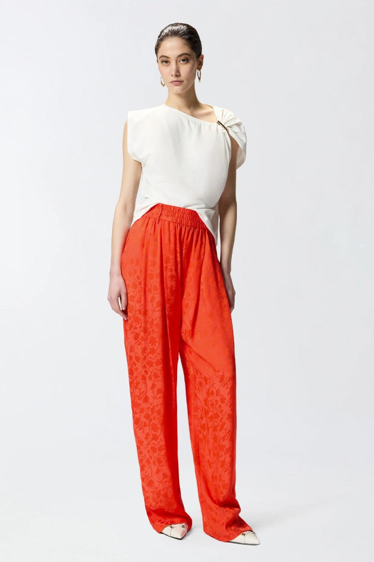 Pinko Orange Bedonia Jacquard Floral Smocked Waist Viscose-Blend Flared Pants